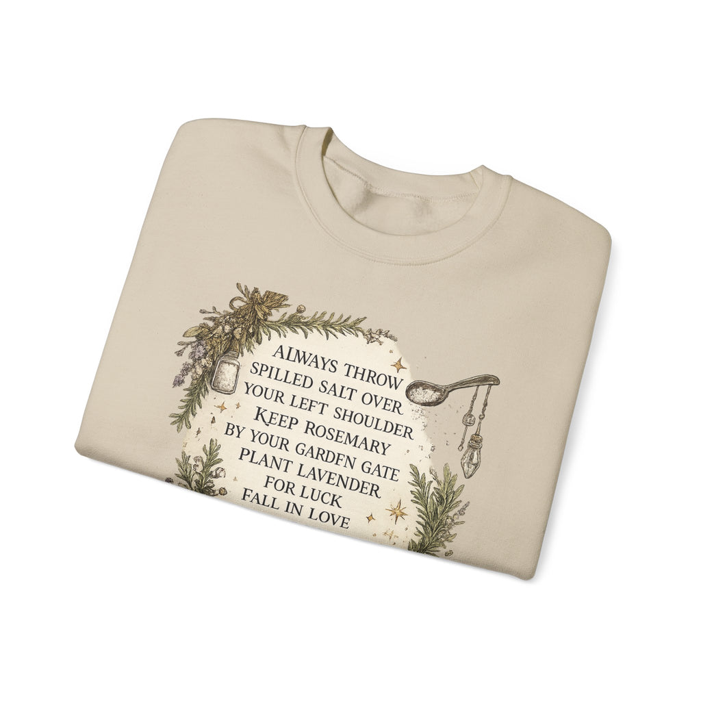 Witchy Herbal Blessings Sweatshirt — "Always Throw Spilled Salt..." Cozy Tarot Garden Crewneck