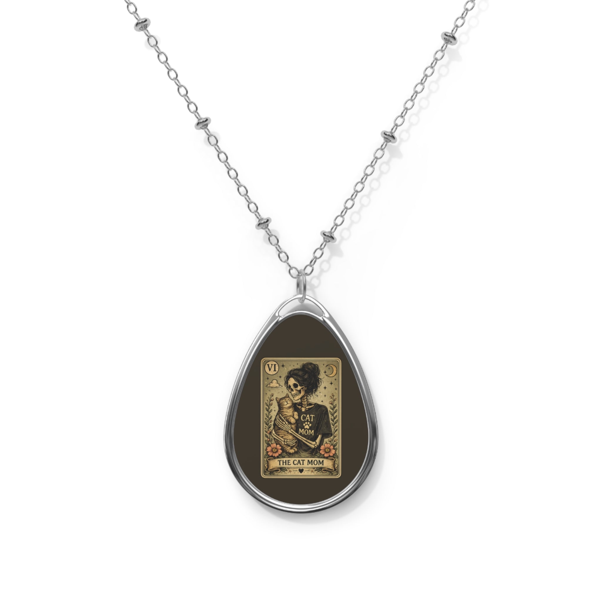 Vintage Cat Tarot Oval Necklace — Mystic Cat Pendant Jewelry