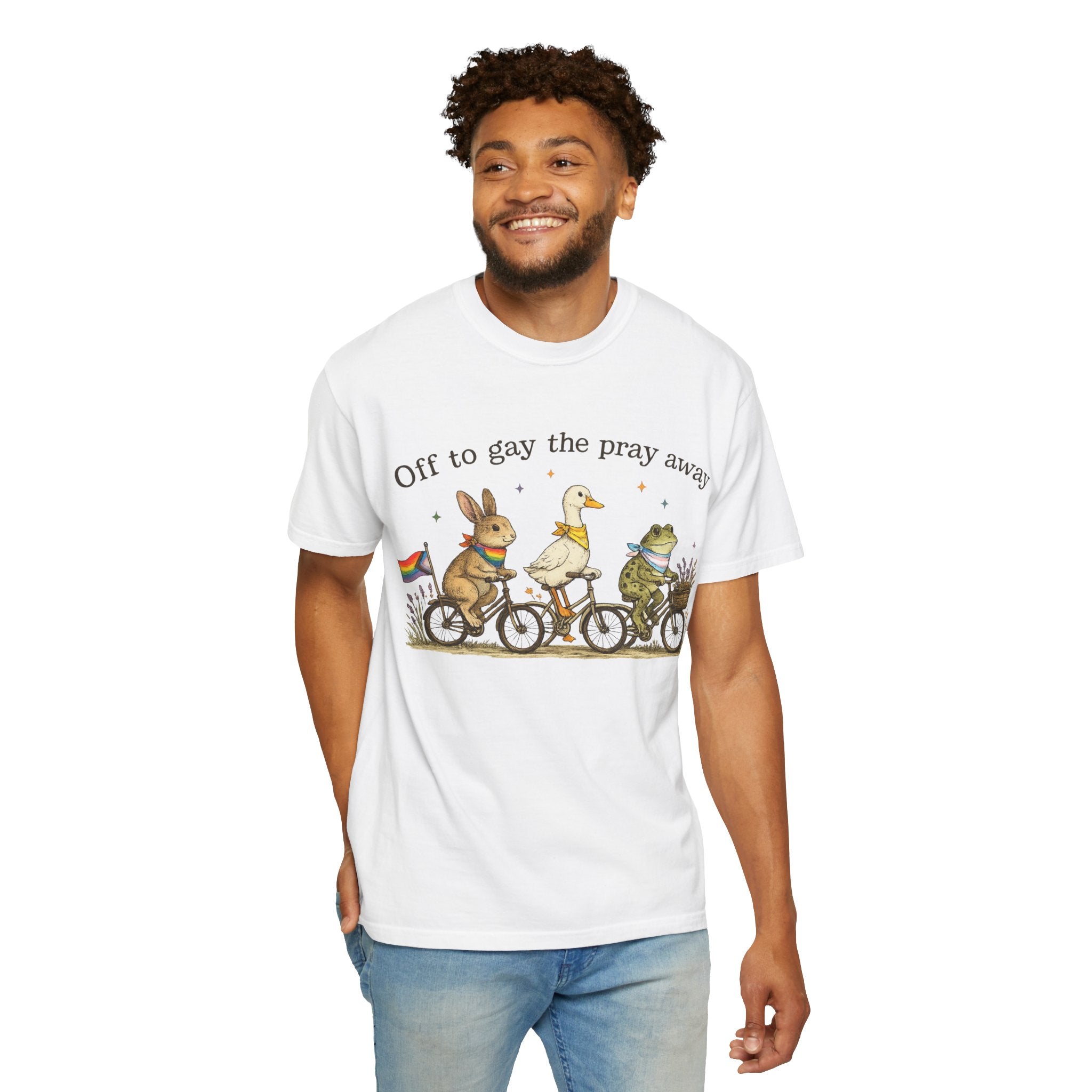 T-Shirt — “Off to Gay the Pray Away” Bicycle Animal Pride Tee