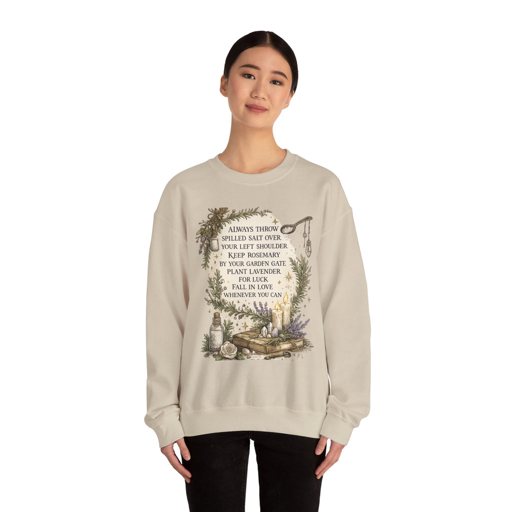 Witchy Herbal Blessings Sweatshirt — "Always Throw Spilled Salt..." Cozy Tarot Garden Crewneck