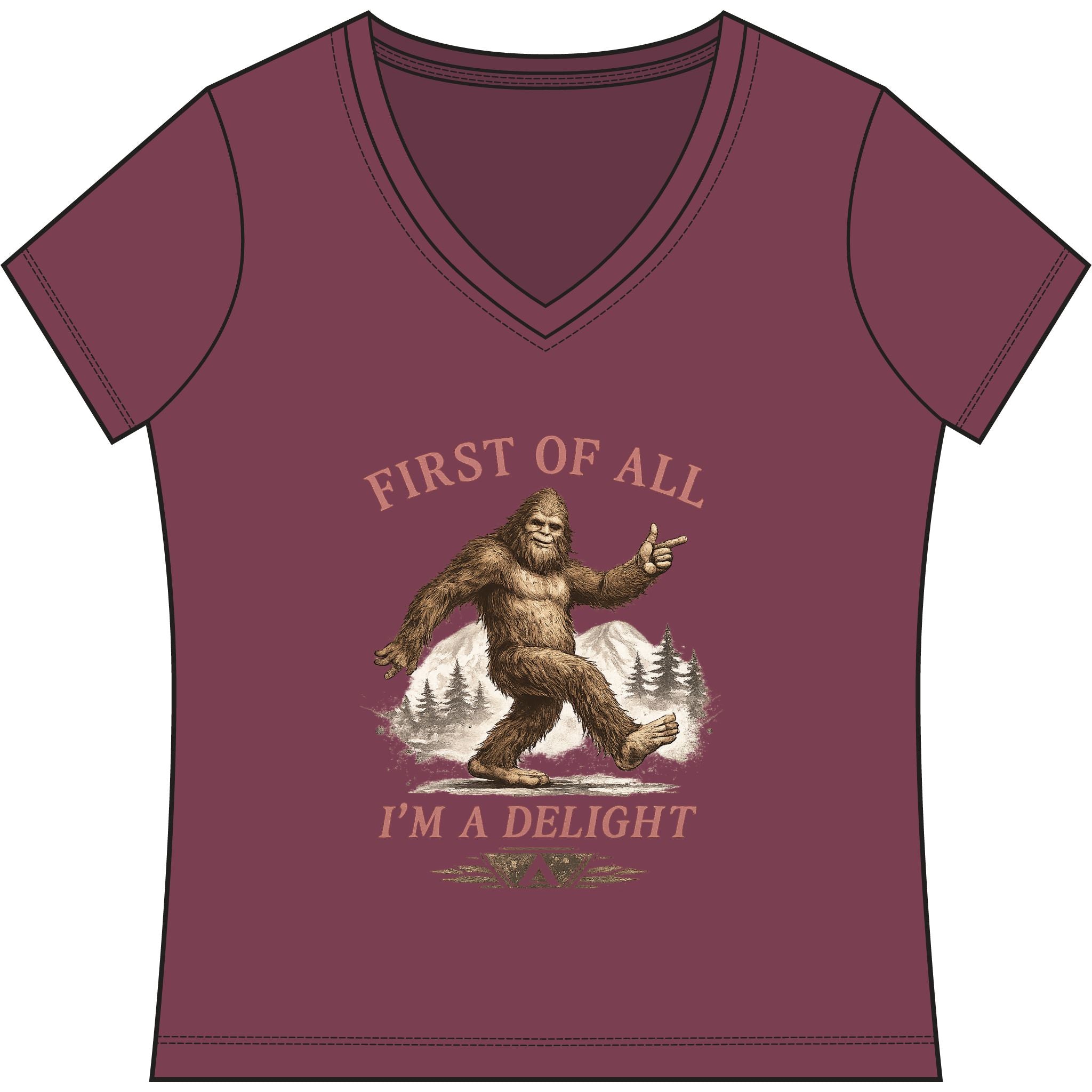 Women's V-Neck Tee — "First of All I'm a Delight" Bigfoot Graphic
