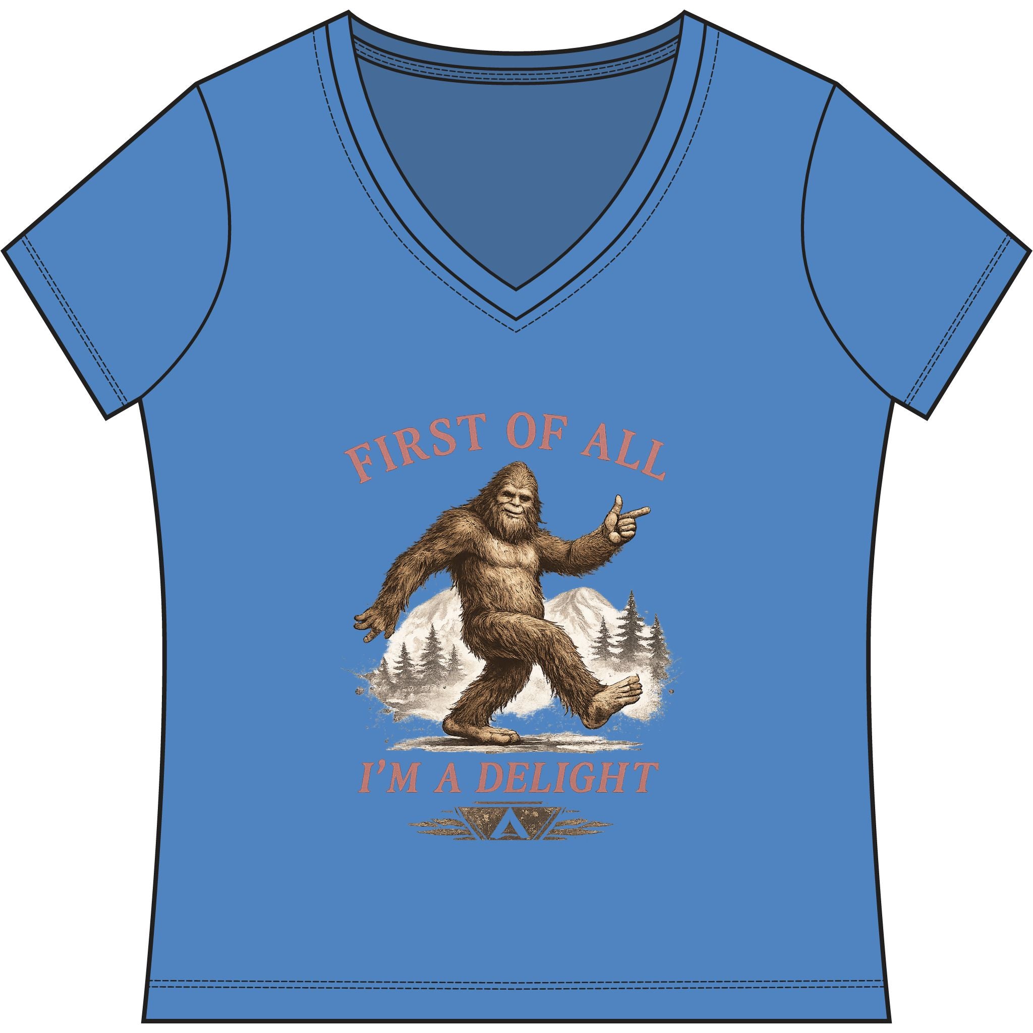 Women's V-Neck Tee — "First of All I'm a Delight" Bigfoot Graphic