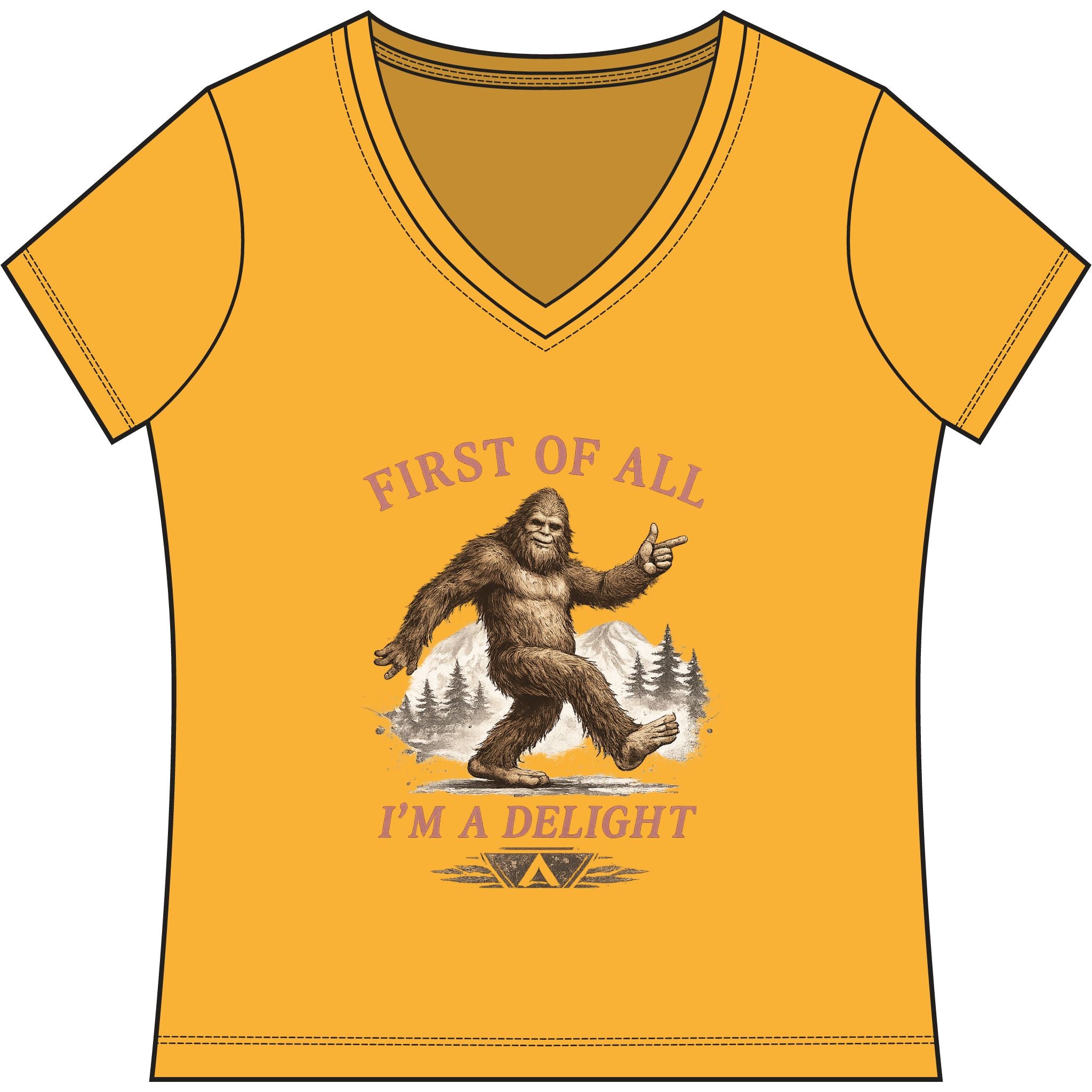 Women's V-Neck Tee — "First of All I'm a Delight" Bigfoot Graphic