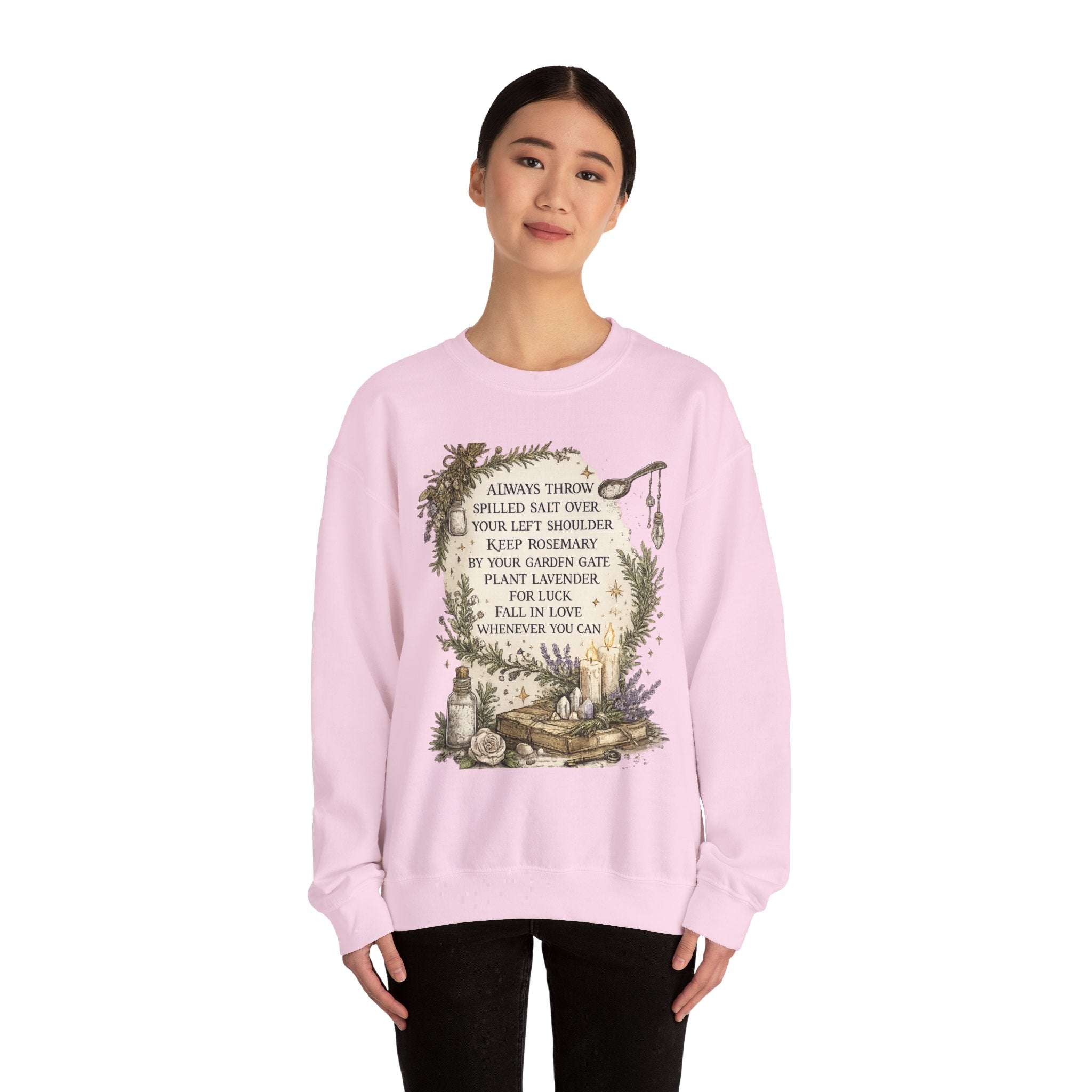 Witchy Herbal Blessings Sweatshirt — "Always Throw Spilled Salt..." Cozy Tarot Garden Crewneck