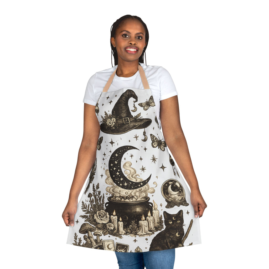 Mystic Witch Kitchen Apron — Crescent Moon, Cauldron & Cat Baking Apron