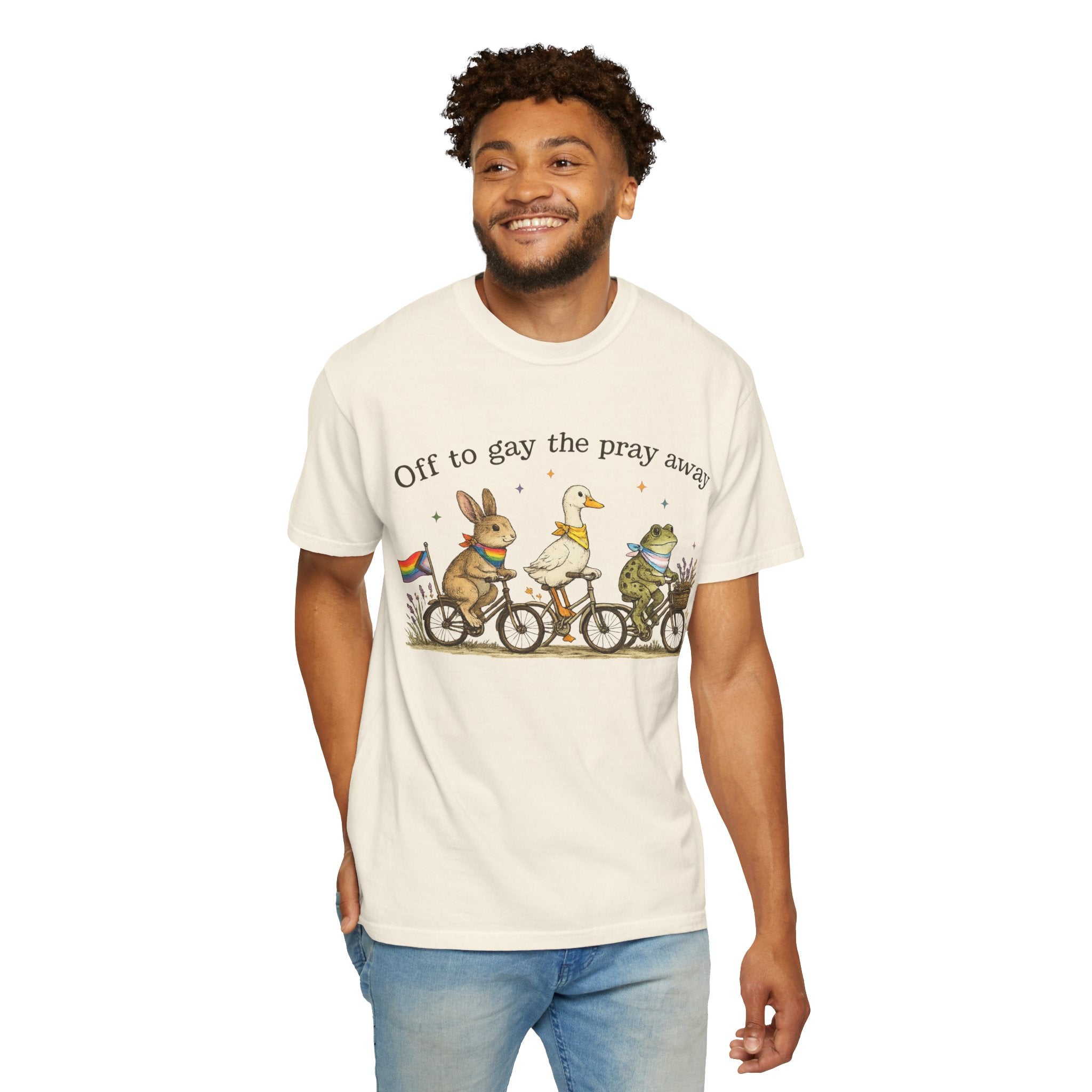 T-Shirt — “Off to Gay the Pray Away” Bicycle Animal Pride Tee