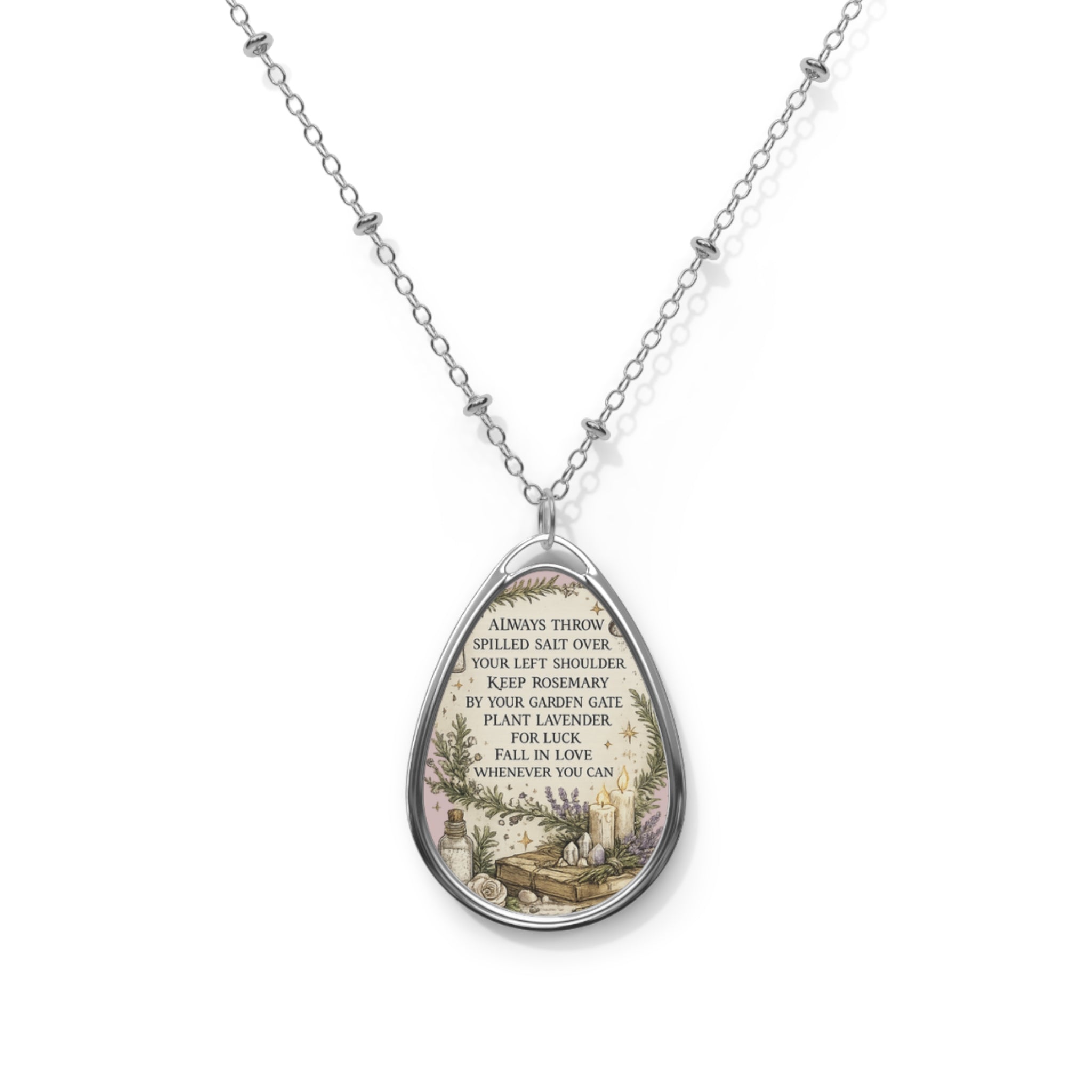 Oval Teardrop Pendant Necklace with Vintage Floral Poem Insert
