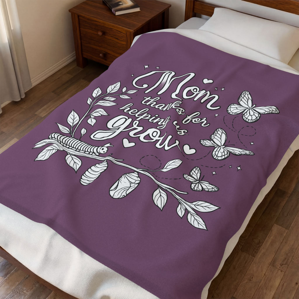 Velveteen Plush Blanket - “Mom thanks for helping us grow” Floral Butterfly Gift