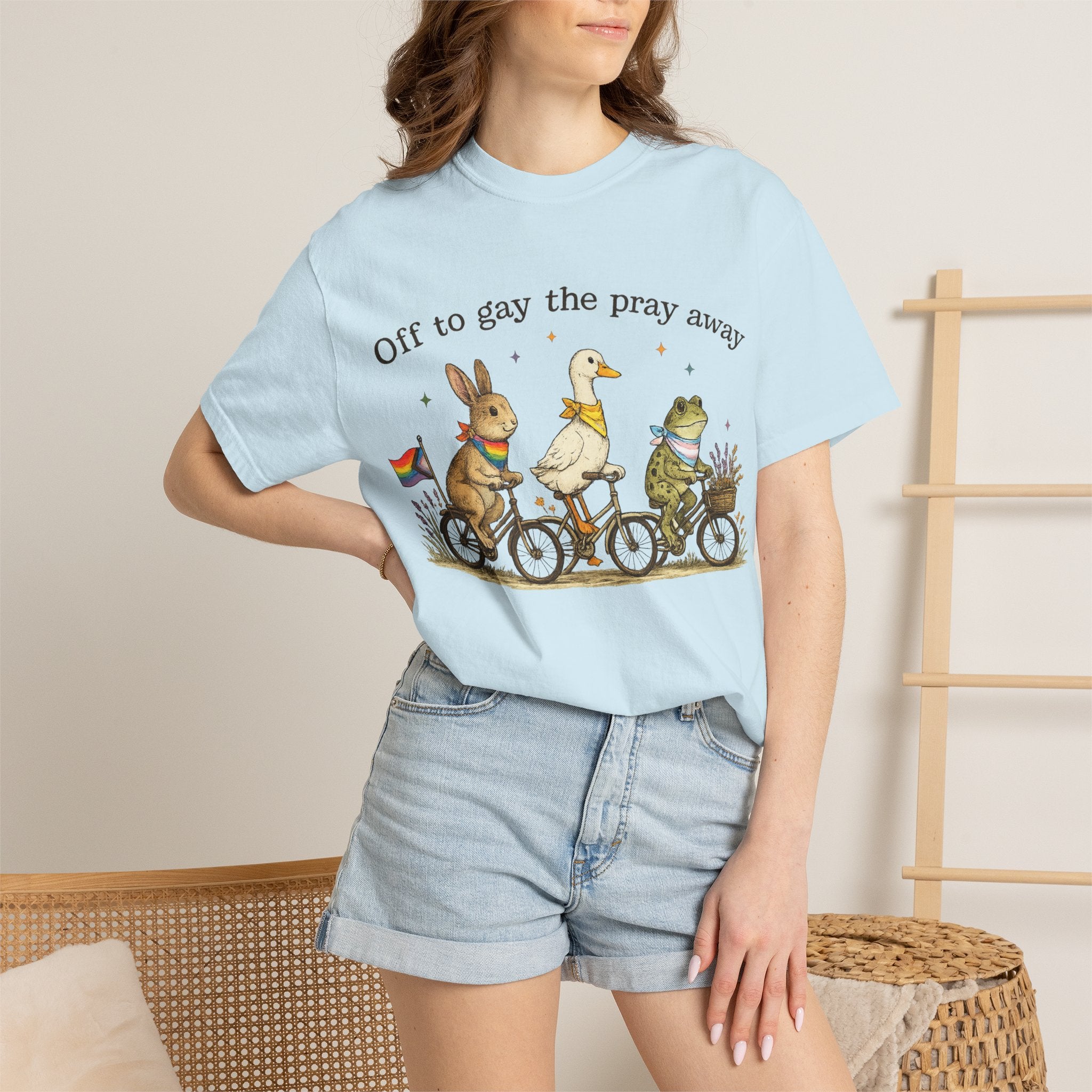 T-Shirt — “Off to Gay the Pray Away” Bicycle Animal Pride Tee