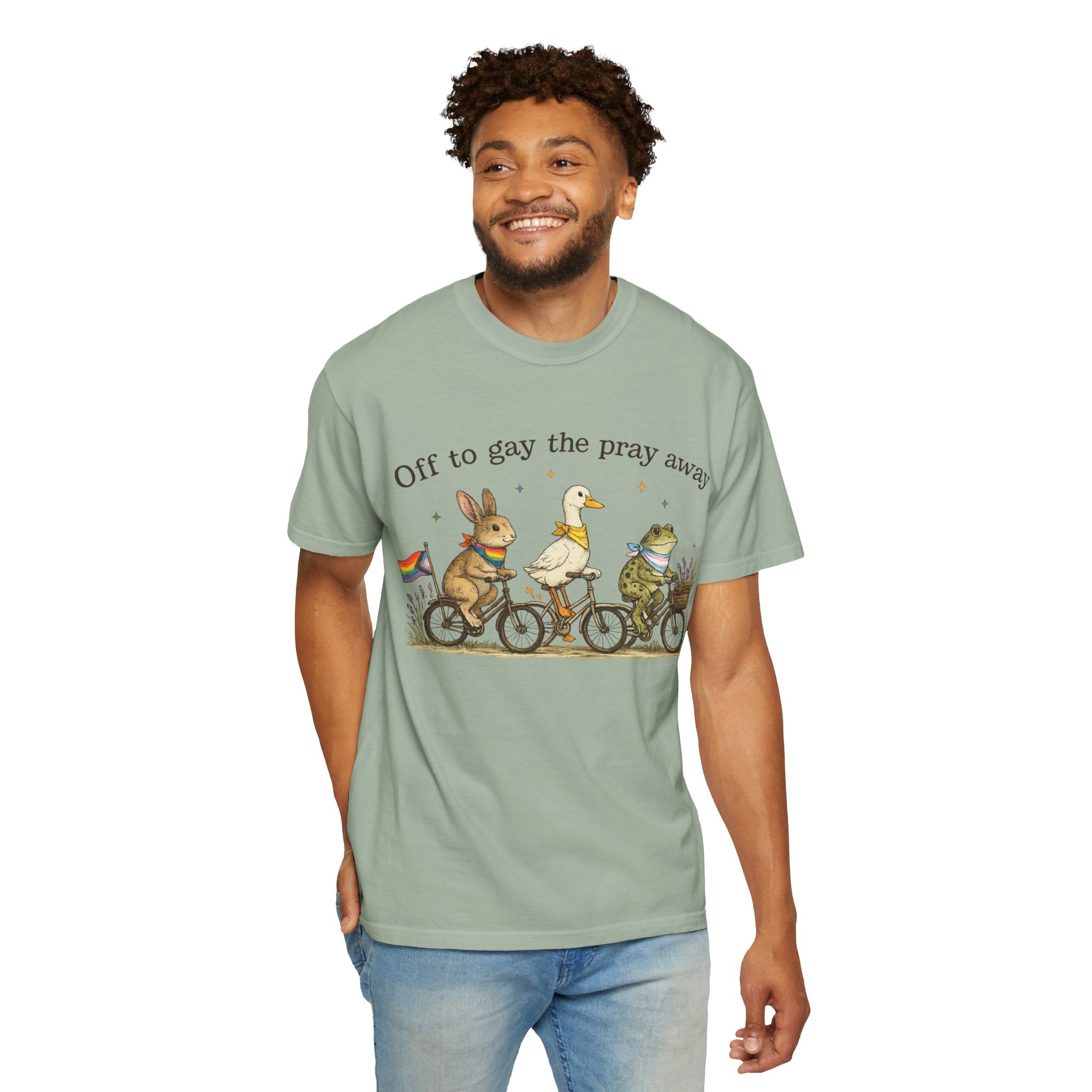 T-Shirt — “Off to Gay the Pray Away” Bicycle Animal Pride Tee