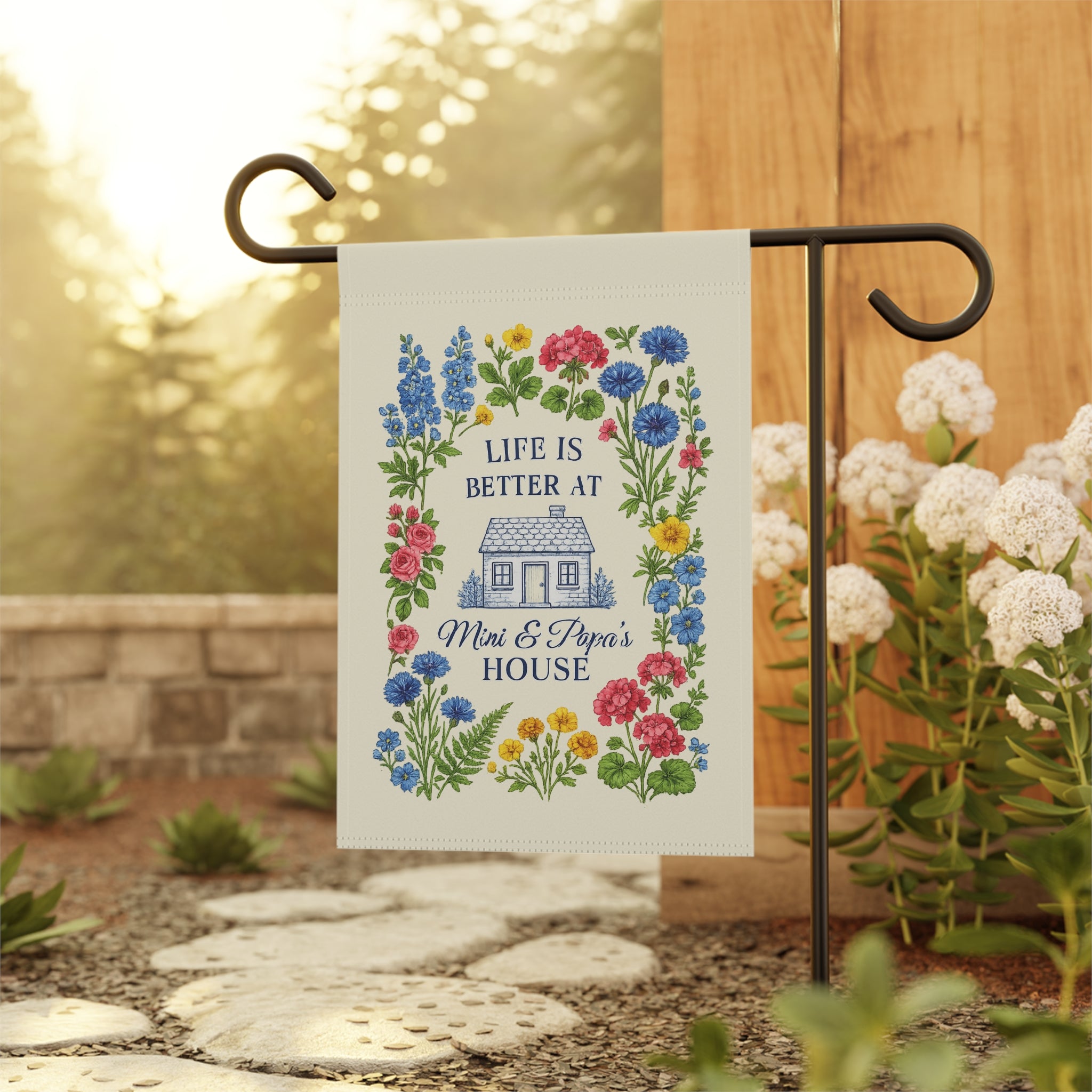 Garden Flag - "Life Is Better at Mom & Pop's House" Floral Cottage Welcome Banner