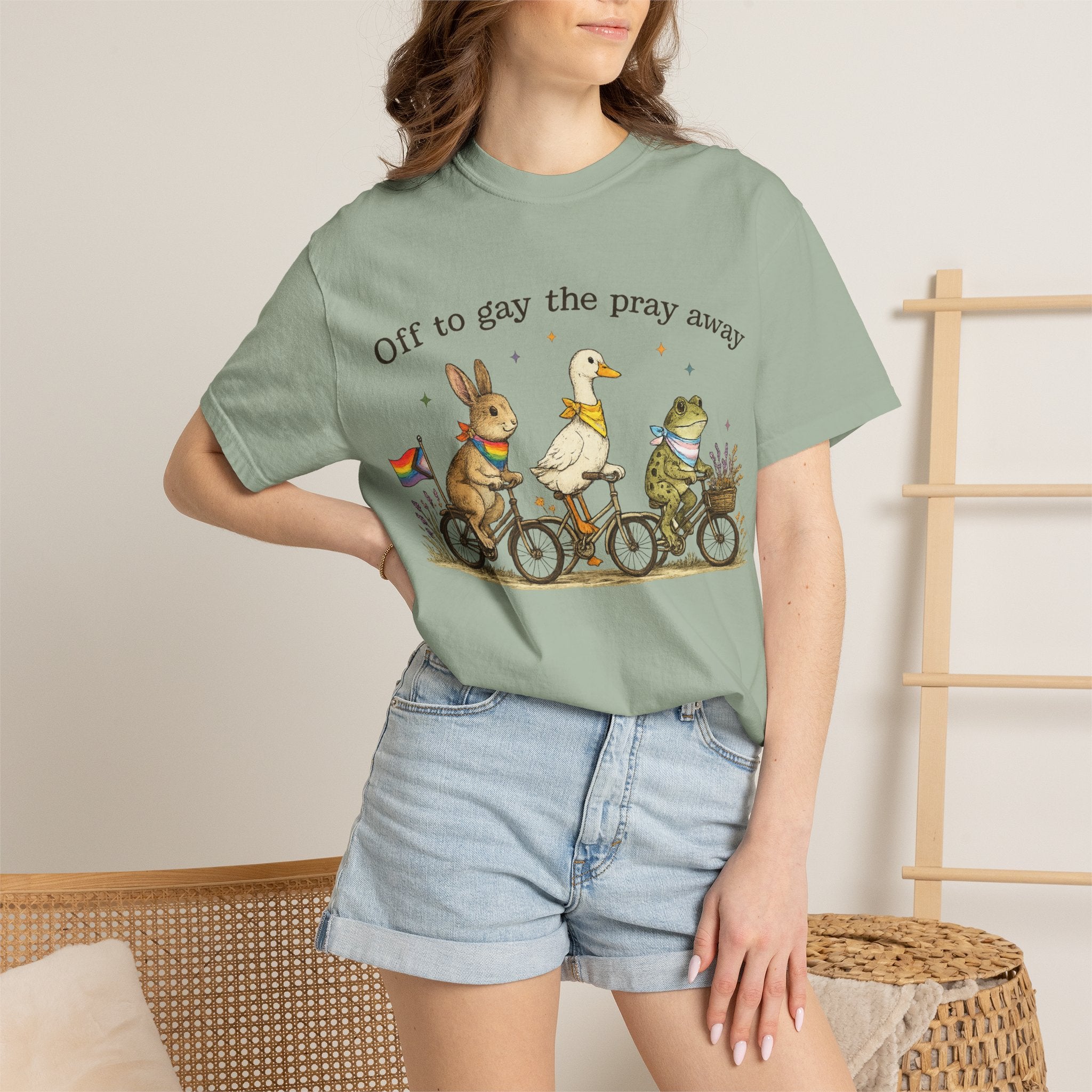 T-Shirt — “Off to Gay the Pray Away” Bicycle Animal Pride Tee