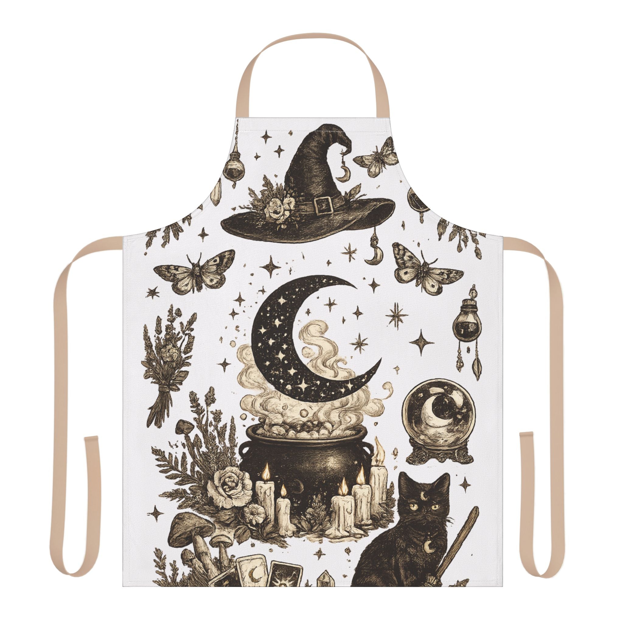 Mystic Witch Kitchen Apron — Crescent Moon, Cauldron & Cat Baking Apron