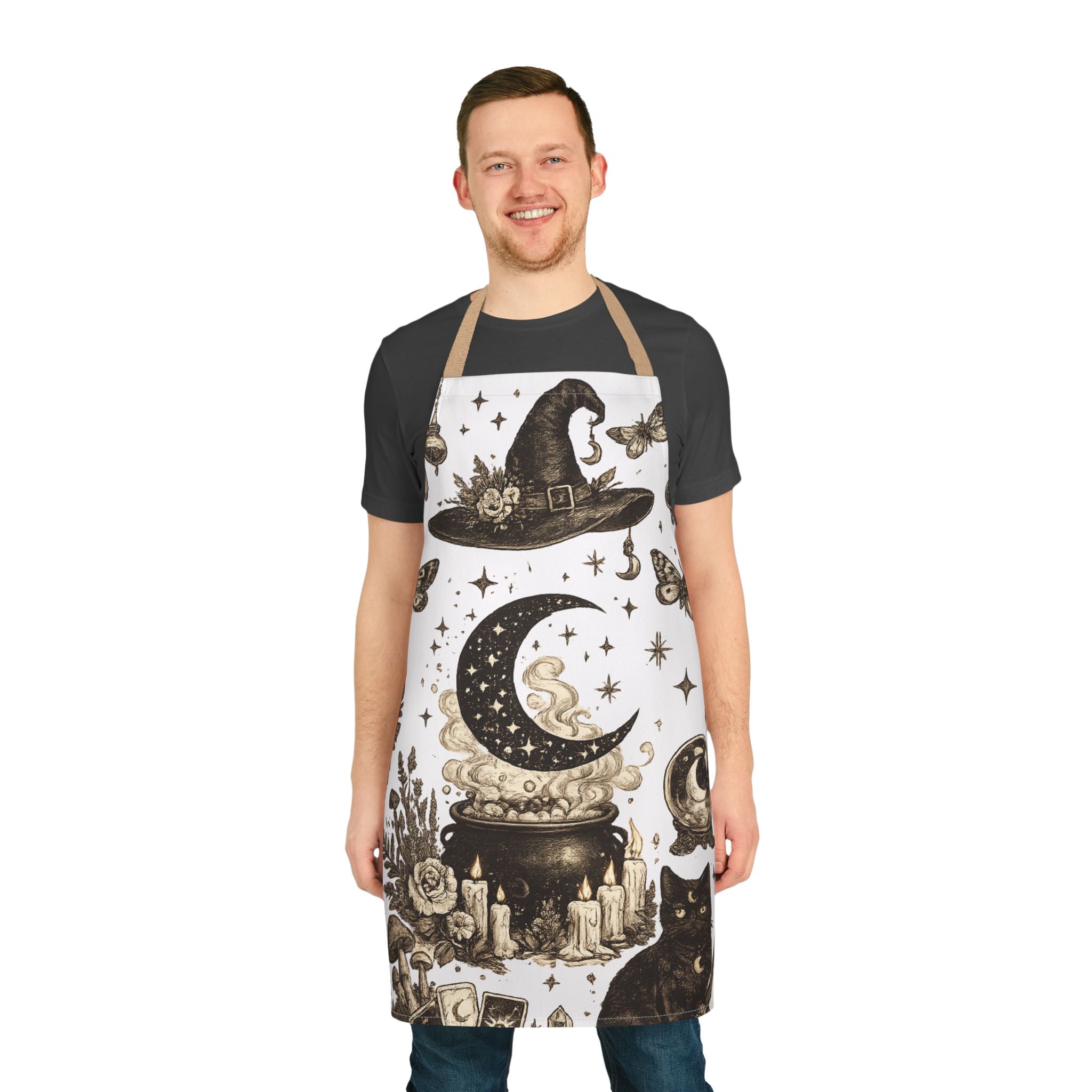 Mystic Witch Kitchen Apron — Crescent Moon, Cauldron & Cat Baking Apron