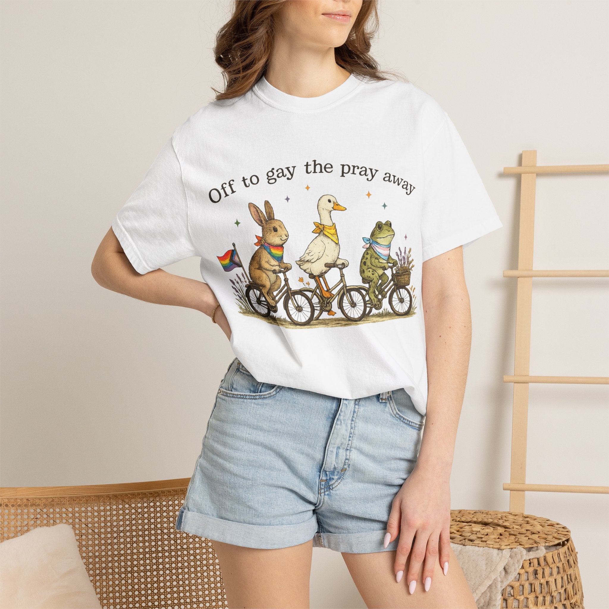 T-Shirt — “Off to Gay the Pray Away” Bicycle Animal Pride Tee