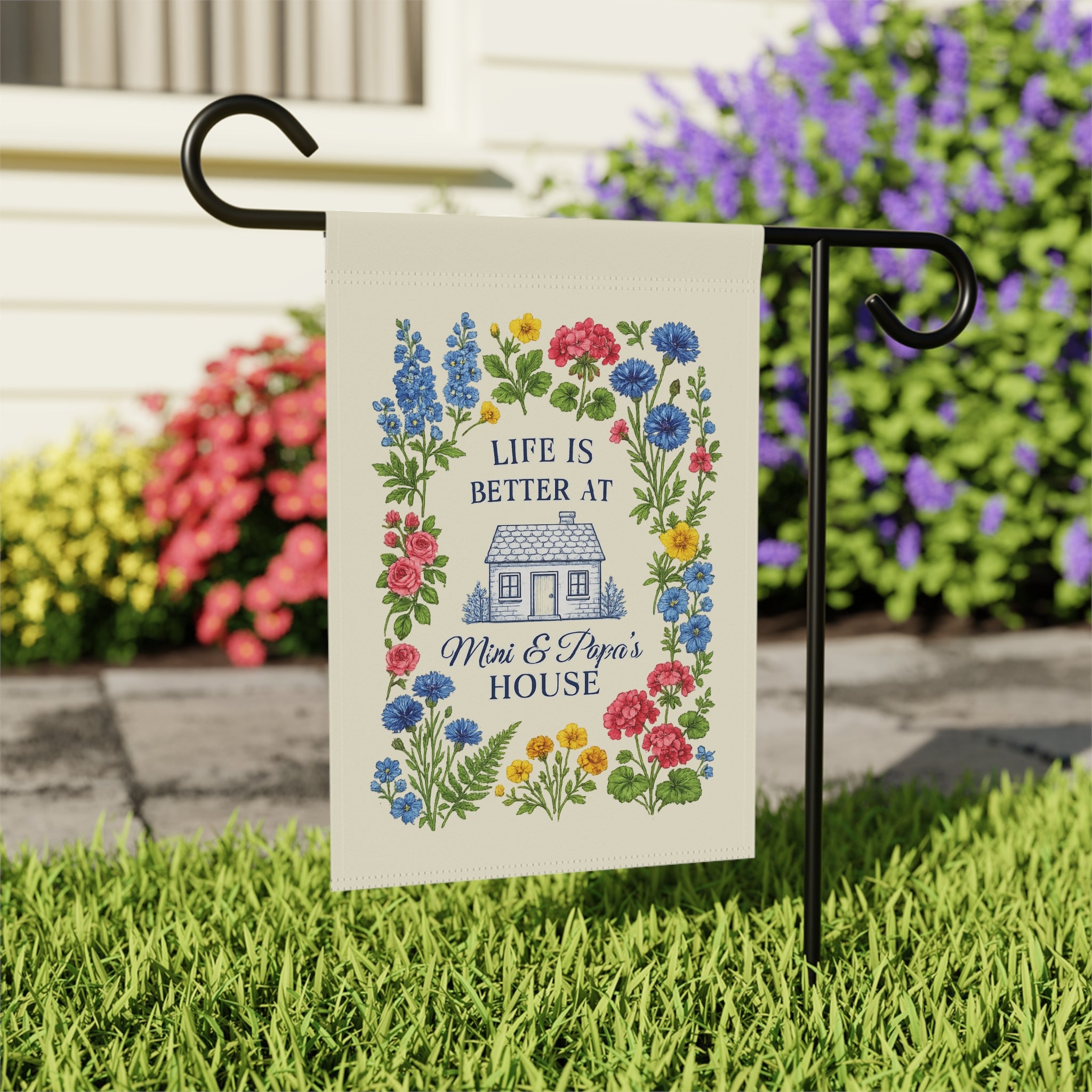 Garden Flag - "Life Is Better at Mom & Pop's House" Floral Cottage Welcome Banner