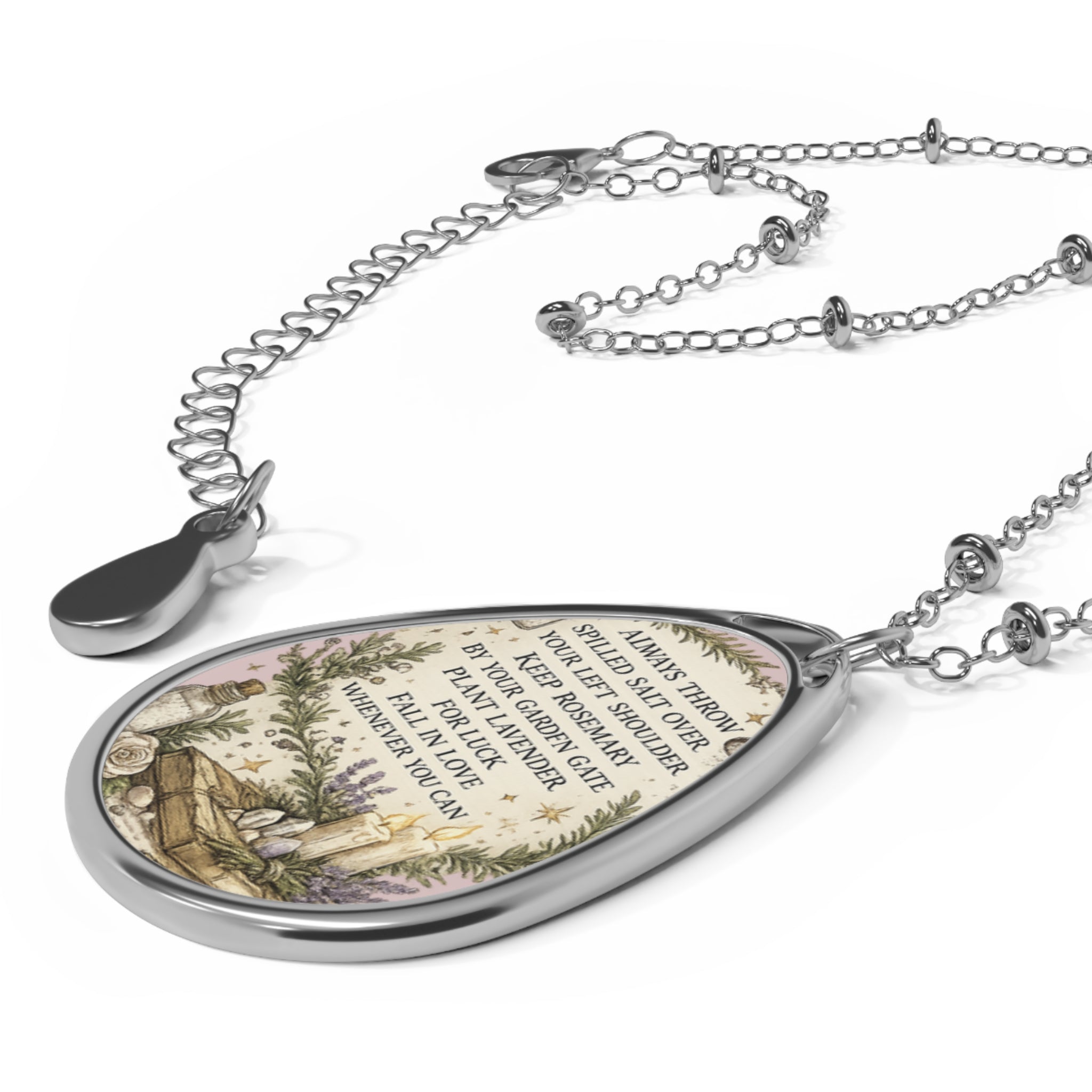 Oval Teardrop Pendant Necklace with Vintage Floral Poem Insert