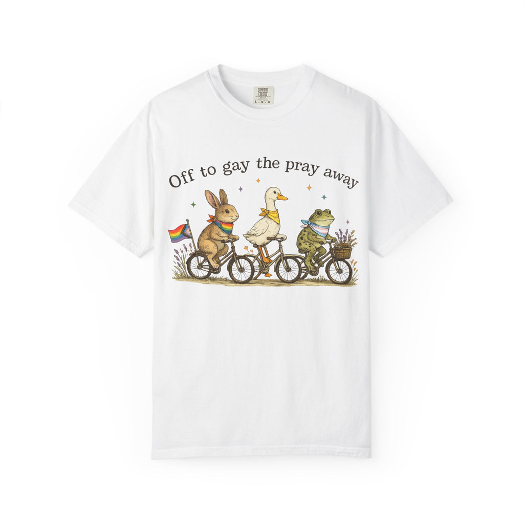 T-Shirt — “Off to Gay the Pray Away” Bicycle Animal Pride Tee