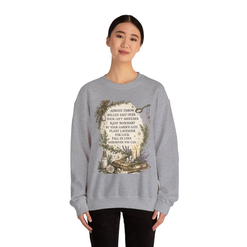 Witchy Herbal Blessings Sweatshirt — "Always Throw Spilled Salt..." Cozy Tarot Garden Crewneck