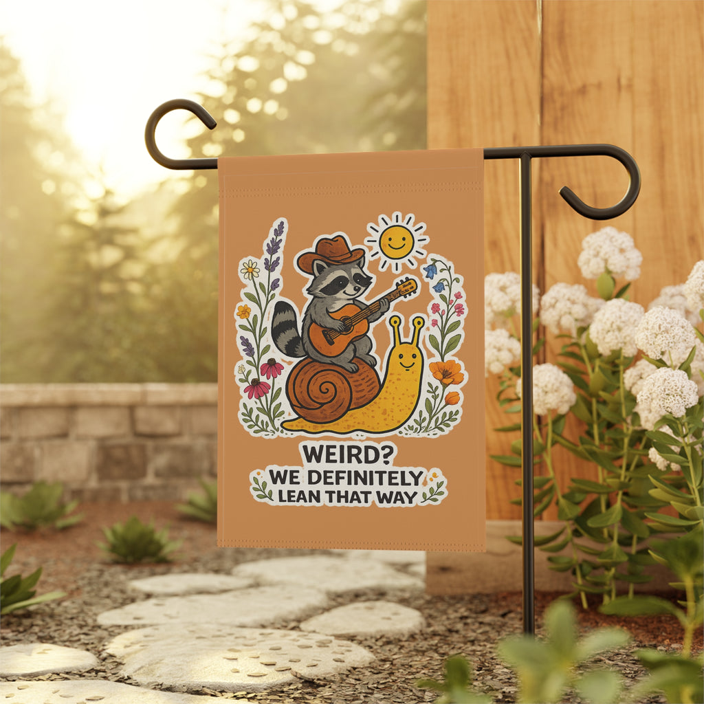 Garden Flag - Raccoon & Snail 'Weird? We Definitely Lean That Way' Decorative Yard Banner