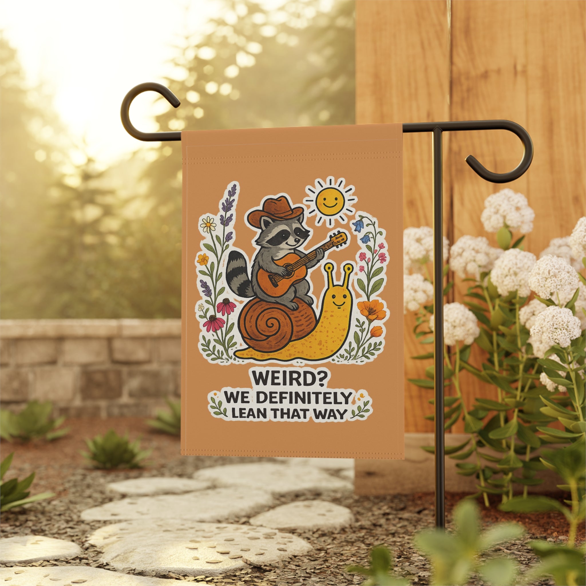 Garden Flag - Raccoon & Snail 'Weird? We Definitely Lean That Way' Decorative Yard Banner