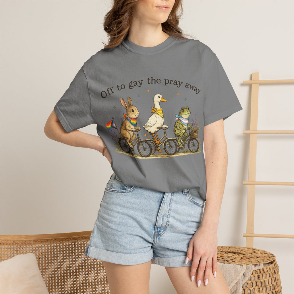 T-Shirt — “Off to Gay the Pray Away” Bicycle Animal Pride Tee
