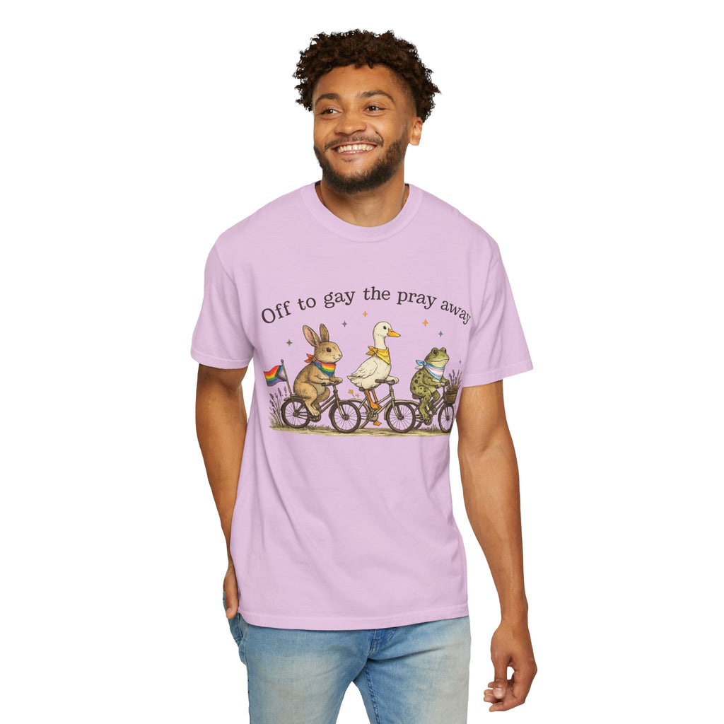 T-Shirt — “Off to Gay the Pray Away” Bicycle Animal Pride Tee