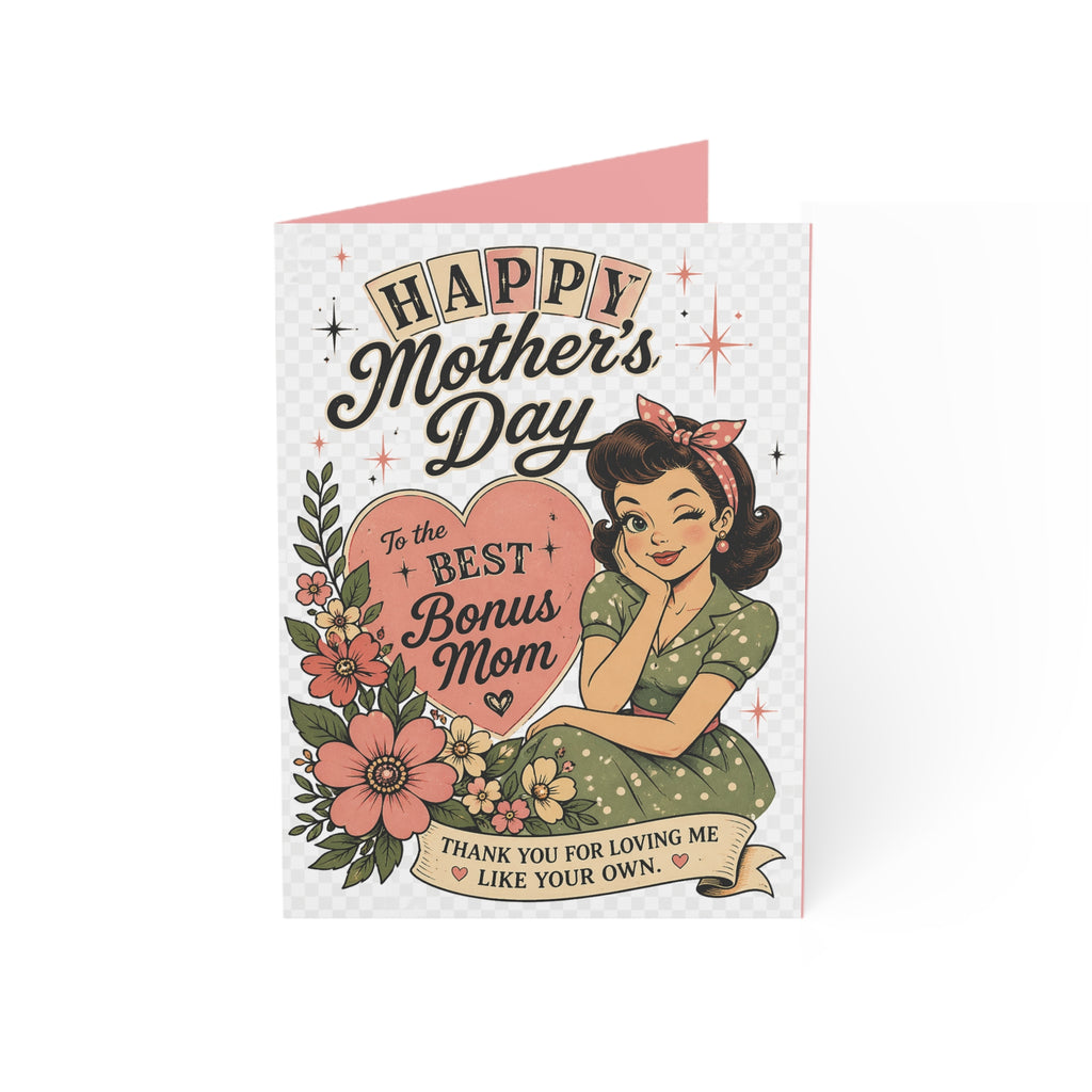 Mother's Day Greeting Card — "To the Best Bonus Mom" Vintage Retro Design (Pack of 1, 10, 30, 50)