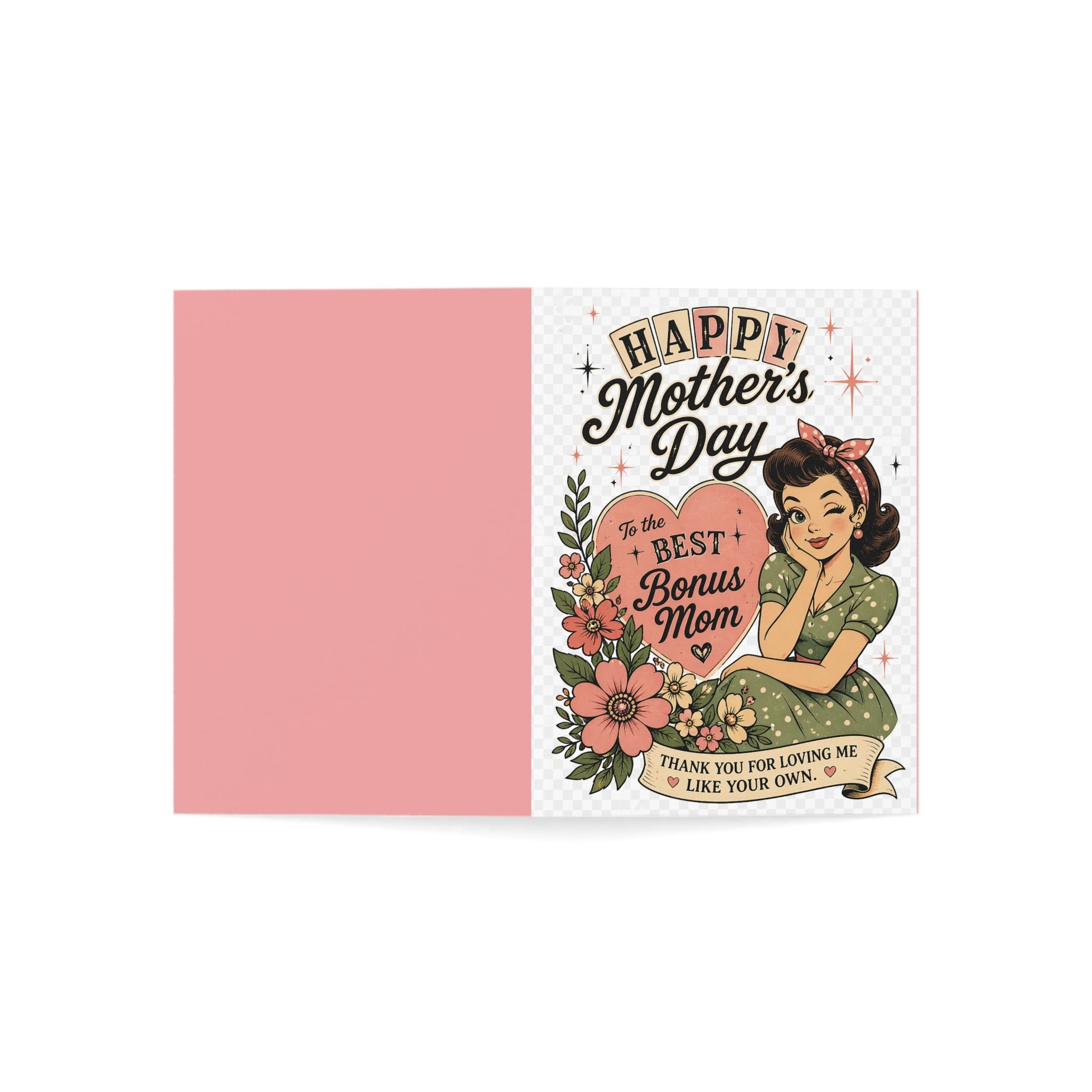Mother's Day Greeting Card — "To the Best Bonus Mom" Vintage Retro Design (Pack of 1, 10, 30, 50)