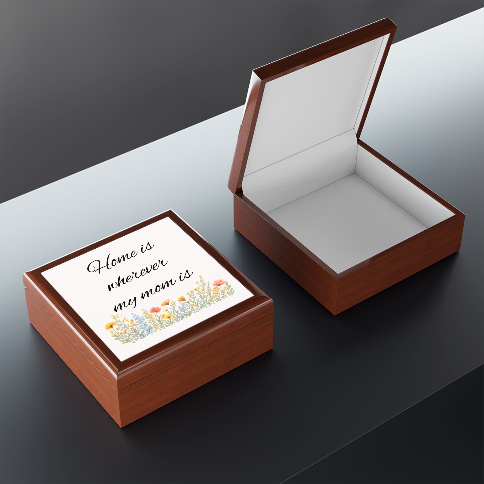 Jewelry Box – "Home Is Wherever My Mom Is" Floral Keepsake Box, Mother's Day Gift