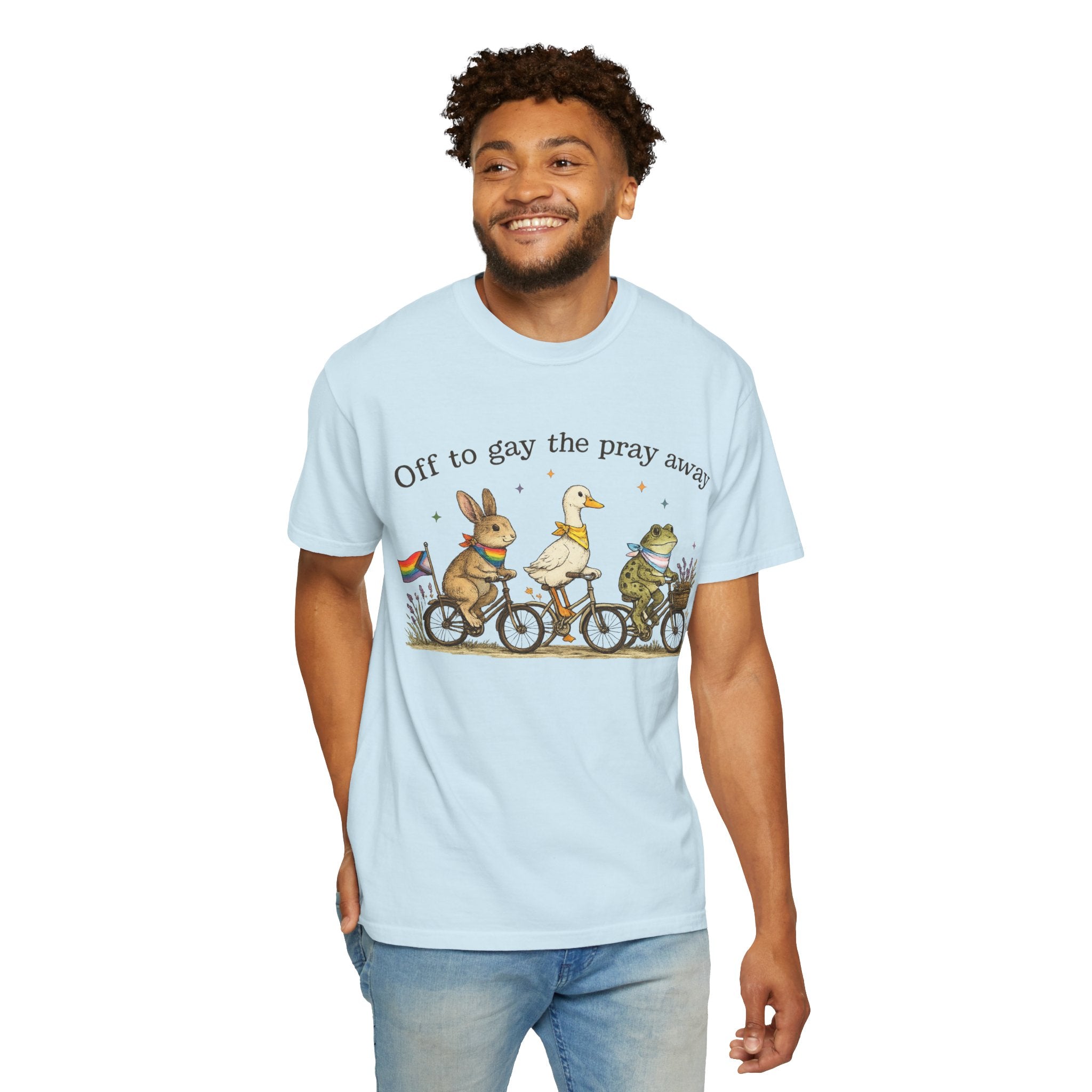 T-Shirt — “Off to Gay the Pray Away” Bicycle Animal Pride Tee