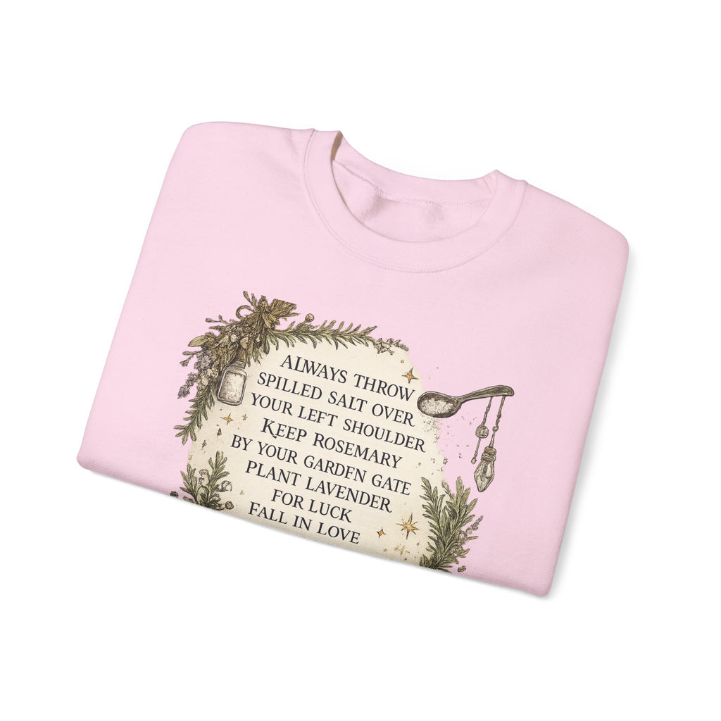 Witchy Herbal Blessings Sweatshirt — "Always Throw Spilled Salt..." Cozy Tarot Garden Crewneck