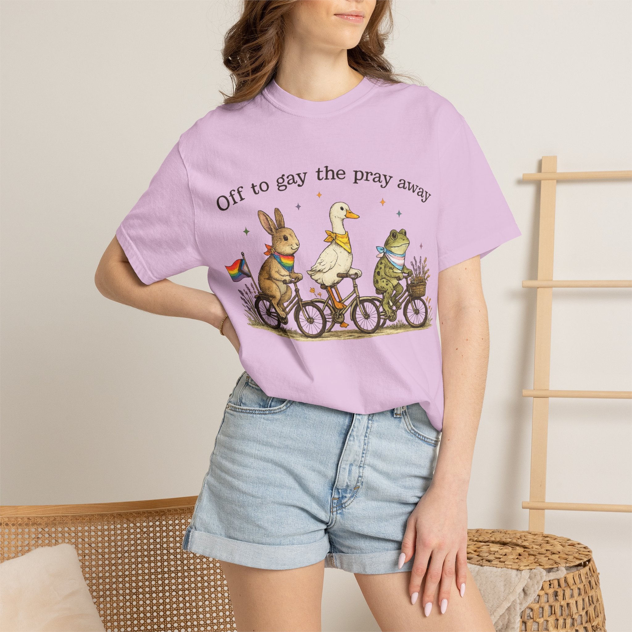 T-Shirt — “Off to Gay the Pray Away” Bicycle Animal Pride Tee