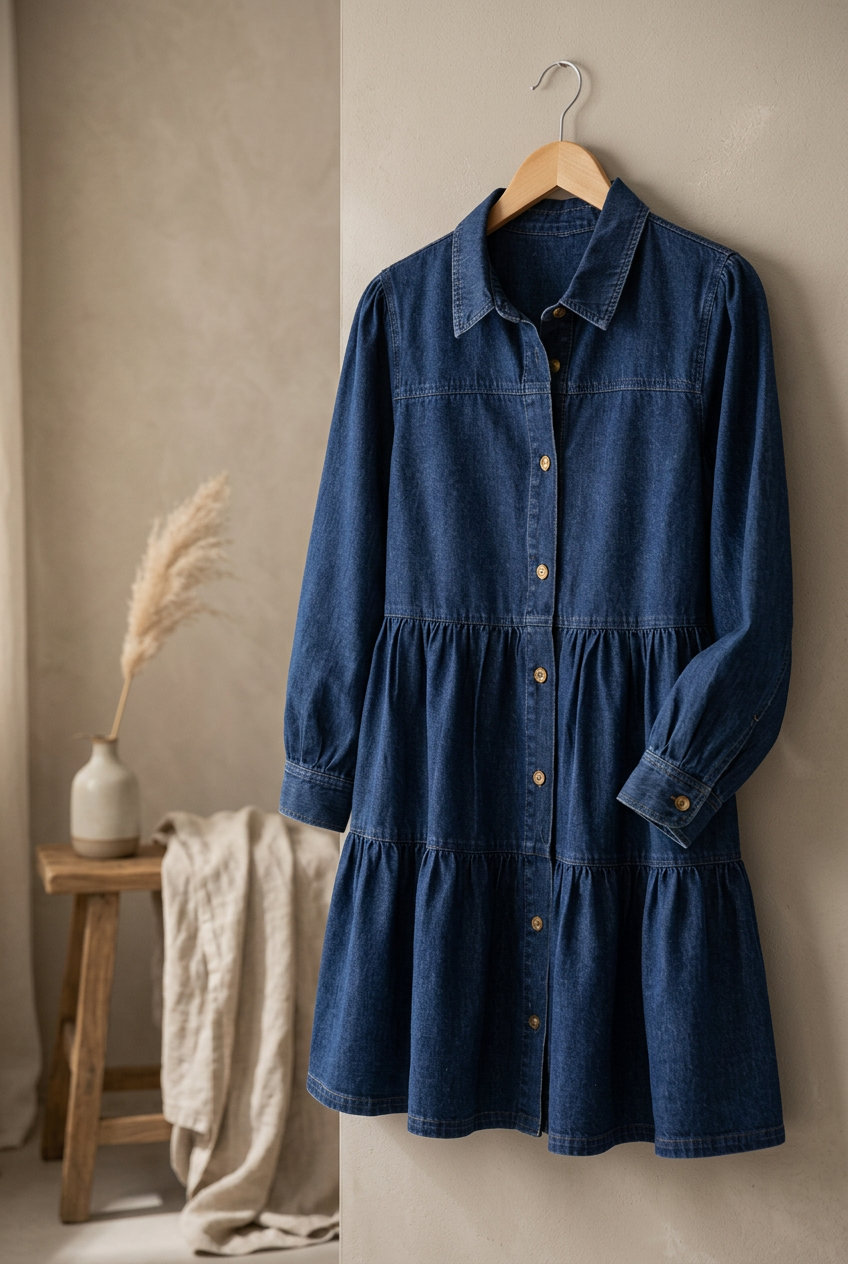 Button Down Babydoll Ruffle Denim Dress